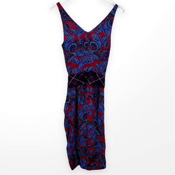 LAGENCE Red Blue Paisley Surplice Sleeveless Midi Dress - Picture 4 of 12